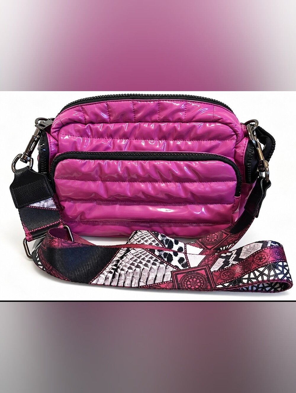 NEW THINK ROYLN Fuchsia Patent Quilted Puffer Crossbody Bag Print Strap Ret $108